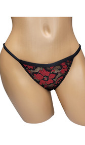 Sheer fishnet panty with contrast red flower pattern, scalloped lace trim, elastic waistband and thong cut back.