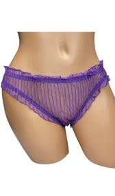 Sheer striped mesh panty with ruffled trim, elastic waistband and cheeky cut back. Crotch is not lined.