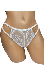 Sheer mesh panty with embroidered floral details, cut out sides, double straps and cheeky cut back. Crotch is not lined.