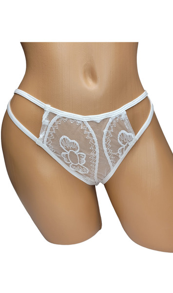 Sheer mesh panty with embroidered floral details, cut out sides, double straps and cheeky cut back. Crotch is not lined.