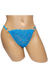 Sheer floral lace panty with open crotch, O ring accents, scalloped trim and thong cut back.