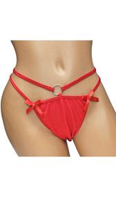 Thong panty with open crotch, mini bow accents, double elastic straps and O ring details.