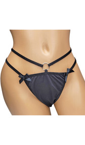 Thong panty with open crotch, mini bow accents, double elastic straps and O ring details.