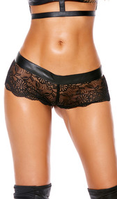 Low rise scalloped lace panty with leather waistband in front and elastic band in back for a comfortable fit. Crotch is not lined.