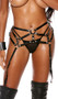 Cage style strappy leather garter belt with O rings, studded accents and elastic adjustable back straps. Garters are adjustable, with satin ribbon detail.