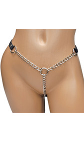 Chain G-string with O ring accents, leather hip straps and elastic back for a comfortable fit.