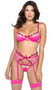Kiss and Tell Bra Set features underwire balconette cups with sheer tulle trim embroidered with lips and hearts, satin bow accent, adjustable shoulder straps and cage style back with hook and eye closure. Matching garter belt with adjustable garters and elastic back with hook closure also included. Matching thong panty with double straps and cotton gusset also included. Three piece set.