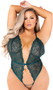 Swirl lace teddy features plunging neckline with scalloped trim, lace up crotch with eyelet accents, adjustable criss cross shoulder straps, and strappy open bottom.