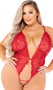 Swirl lace teddy features plunging neckline with scalloped trim, lace up crotch with eyelet accents, adjustable criss cross shoulder straps, and strappy open bottom.