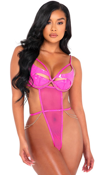 Stretch vinyl and fishnet teddy features underwire cut out demi cups, metal stud and chain accents, adjustable shoulder straps, high cut open sides, cage style back with hook and eye closure, and G-string cut back.