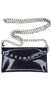 Studded vinyl mini purse with removable chain shoulder strap and snap closure. Measures about 4" high by 7.5" wide. Inside is lined with soft fabric.