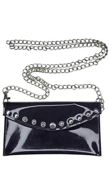 Studded vinyl mini purse with removable chain shoulder strap and snap closure. Measures about 4" high by 7.5" wide. Inside is lined with soft fabric.