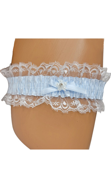 Stretch satin leg garter with lace trim, mini satin bow and faux jewel flower shaped accent.