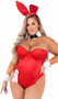 Classic Playboy Bunny costume set includes sleeveless and strapless corset bodysuit featuring underwire cups, boning, and back zipper closure. Ribbon and cuffs with cufflinks feature the Playboy bunny logo. Collar, bow tie, bunny tail and matching bunny ears headband also included. Eight piece set.