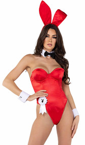 Classic Playboy Bunny costume set includes sleeveless and strapless corset bodysuit featuring underwire cups, boning, and back zipper closure. Ribbon and cuffs with cufflinks feature the Playboy bunny logo. Collar, bow tie, bunny tail and matching bunny ears headband also included. Eight piece set.