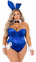 Classic Playboy Bunny costume set includes sleeveless and strapless corset bodysuit featuring underwire cups, boning, and back zipper closure. Ribbon and cuffs with cufflinks feature the Playboy bunny logo. Collar, bow tie, bunny tail and matching bunny ears headband also included. Eight piece set.