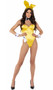 Classic Playboy Bunny costume set includes sleeveless and strapless corset bodysuit featuring underwire cups, boning, and back zipper closure. Ribbon and cuffs with cufflinks feature the Playboy bunny logo. Collar, bow tie, bunny tail and matching bunny ears headband also included. Eight piece set.