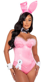 Playboy Boudoir Bunny costume set includes sleeveless and strapless bustier with marabou trim, underwire cups, and back zipper closure with matching panty. Ribbon and cuffs with cufflinks feature the Playboy bunny logo. Collar, bow tie, bunny tail and matching bunny ears headband also included. Nine piece set.