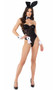 Playboy Bunny sleeveless and strapless sheer bodysuit features flocked logo detail, underwire cups, high cut on the leg and thong cut back. Ribbon and cuffs with cufflinks feature the Playboy bunny logo. Collar, bow tie, bunny tail and matching bunny ears headband also included. Eight piece set.