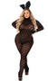 Playboy Bunny long sleeve sheer catsuit features flocked logo detail, mock neck, and zipper back. Matching bunny ears headband also included. Two piece set.
