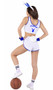 Playboy Sport Bunny costume set includes jersey style sleeveless crop top with V neck, number, and Playboy Bunny logo. Matching shorts with high cut sides, sweatband style wrist cuffs and logo print athletic socks also included. Bunny tail and matching bunny ears headband also included. Six piece set.