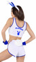 Playboy Sport Bunny costume set includes jersey style sleeveless crop top with V neck, number, and Playboy Bunny logo. Matching shorts with high cut sides, sweatband style wrist cuffs and logo print athletic socks also included. Bunny tail and matching bunny ears headband also included. Six piece set.