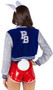 Playboy Bunny Athlete costume set includes cropped letter style lined jacket with sequin sleeves, striped trim and PB lettering with logo on back. Playboy print crop top, vinyl shorts with high cut sides, and logo print athletic socks also included. Bunny tail and matching bunny ears headband also included. Six piece set.