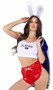Playboy Bunny Athlete costume set includes cropped letter style lined jacket with sequin sleeves, striped trim and PB lettering with logo on back. Playboy print crop top, vinyl shorts with high cut sides, and logo print athletic socks also included. Bunny tail and matching bunny ears headband also included. Six piece set.