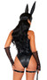 Dominatrix Bunny set includes sleeveless faux leather bodysuit with lace up front detail, attached collar and high cut on the leg. Vinyl waist cincher with attached garter straps, adjustable buckle front and lace up back also included. Fingerless fishnet gloves, bunny mask with ears and whip also included. Five piece set.