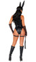 Dominatrix Bunny set includes sleeveless faux leather bodysuit with lace up front detail, attached collar and high cut on the leg. Vinyl waist cincher with attached garter straps, adjustable buckle front and lace up back also included. Fingerless fishnet gloves, bunny mask with ears and whip also included. Five piece set.