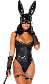 Naughty Bunny set includes sleeveless faux leather bodysuit with chain detail on cups, vinyl shoulder straps with studded detail, and high cut on the leg. Matching studded vinyl collar also included. Vinyl garter belt with attached garter straps, O ring accents, and adjustable back buckle closure also included. Fingerless fishnet gloves, bunny mask with ears and whip also included. Six piece set.