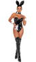 Playboy Seductress Bunny sleeveless and strapless stretch vinyl corset bodysuit features underwire cups, boning, cheeky cut back and back zipper closure. Ribbon and cuffs with cufflinks feature the Playboy bunny logo. Collar, bow tie, bunny tail and matching bunny ears headband also included. Eight piece set.