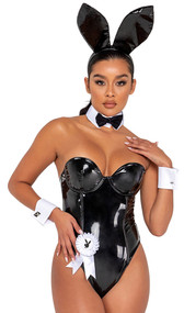 Playboy Seductress Bunny sleeveless and strapless stretch vinyl corset bodysuit features underwire cups, boning, cheeky cut back and back zipper closure. Ribbon and cuffs with cufflinks feature the Playboy bunny logo. Collar, bow tie, bunny tail and matching bunny ears headband also included. Eight piece set.