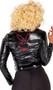 Playboy Fabulous 50's Greaser costume includes faux leather jacket with studded collar, embroidered Playboy Bunny logo on back side, front zipper closure, and belt loops. Matching belt with logo buckle and leggings also included. Three piece set.