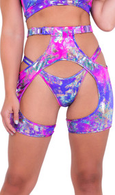 Tie dye high waisted chap style shorts with buckle closure.