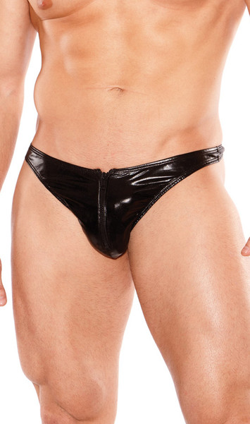 Wet look thong with a front zipper opening for easy access.