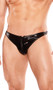 Wet look thong with a front zipper opening for easy access.