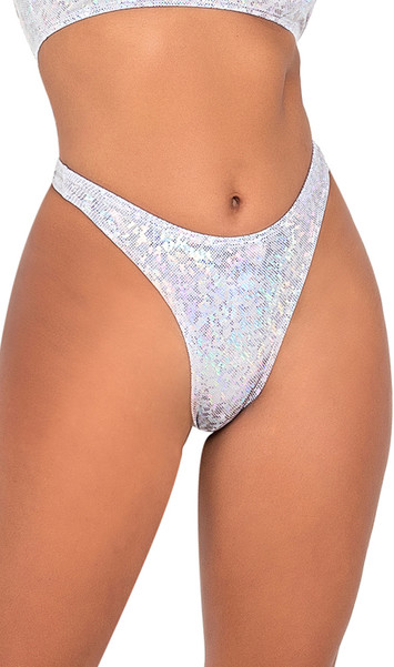Shimmer mid rise bikini style shorts with thong cut back.