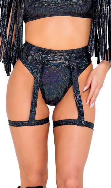 Shimmer bikini style shorts with high waist and belt loops. Matching garter belt with adjustable buckle closure and adjustable garters with back hook and loop closure also included.