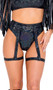Shimmer bikini style shorts with high waist and belt loops. Matching garter belt with adjustable buckle closure and adjustable garters with back hook and loop closure also included.