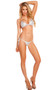 Sequin halter neck bikini style top with triangle cups, metallic trim and ties. Matching low rise thong back bottom with side ties also included. Two piece set.