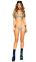Sequin halter neck bikini style top with triangle cups, metallic trim and ties. Matching low rise thong back bottom with side ties also included. Two piece set.
