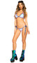 Sequin halter neck bikini style top with triangle cups, metallic trim and ties. Matching low rise thong back bottom with side ties also included. Two piece set.