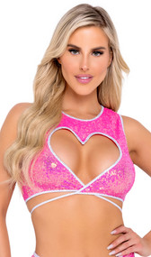 Sleeveless sequin crop top with heart shaped cut out, wraparound straps with back tie closure, and contrast metallic trim.