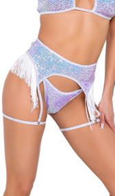 Sequin low rise bikini style shorts with contrast metallic trim and strappy sides.