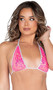 Sequin bikini style crop top with tall triangle cups, contrast metallic trim, halter neck and back tie closure.