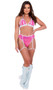 Sequin bikini style crop top with striped triangle cups, contrast metallic trim, O ring accents, halter neck and swan hook closure.