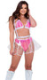 Sequin bikini style crop top with striped triangle cups, contrast metallic trim, O ring accents, halter neck and swan hook closure.