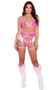 Sequin bikini style crop top with strappy criss cross detail on cups, keyhole front, contrast metallic trim, O ring accents, halter neck and swan hook closure.