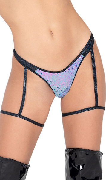 Sequin bikini style low rise shorts with contrast iridescent sides and attached garters.